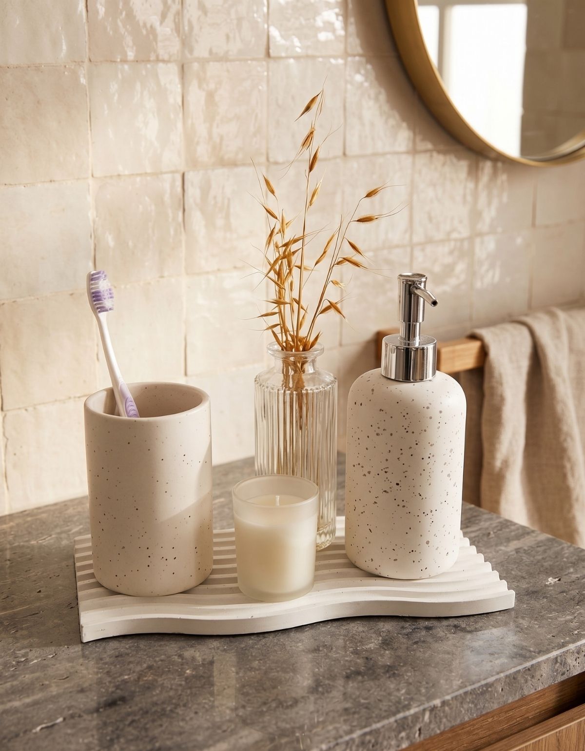 Bandeja Decorativa Ondas Artesanal M 25x12cm Em Cimento Branco
