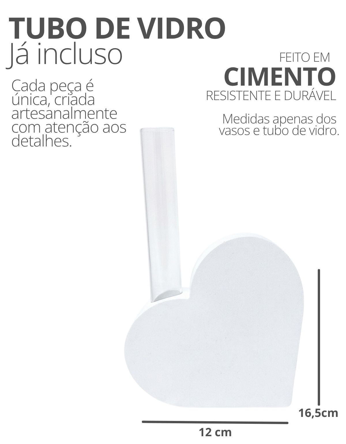 Vaso Solitário Hidropônico Coração Sólido 16,5cm em Cimento