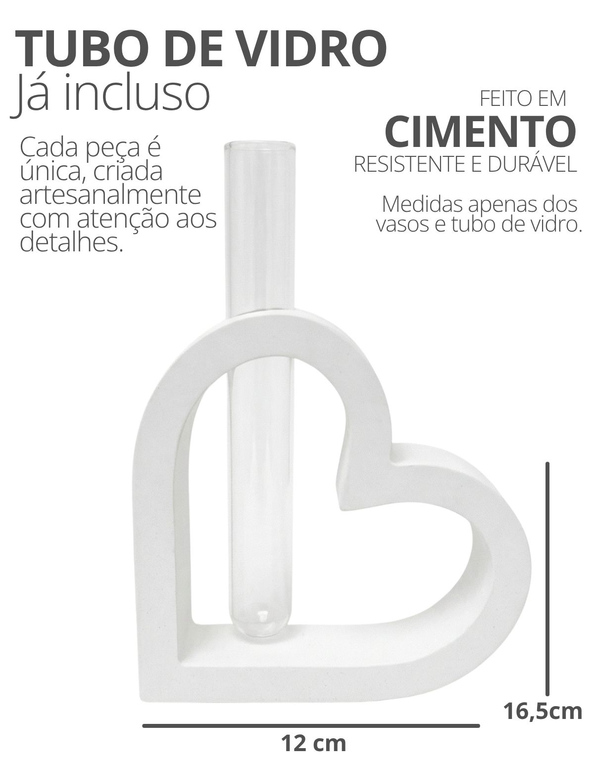 Vaso Solitário Hidropônico Coração Vazado 16,5cm em Cimento