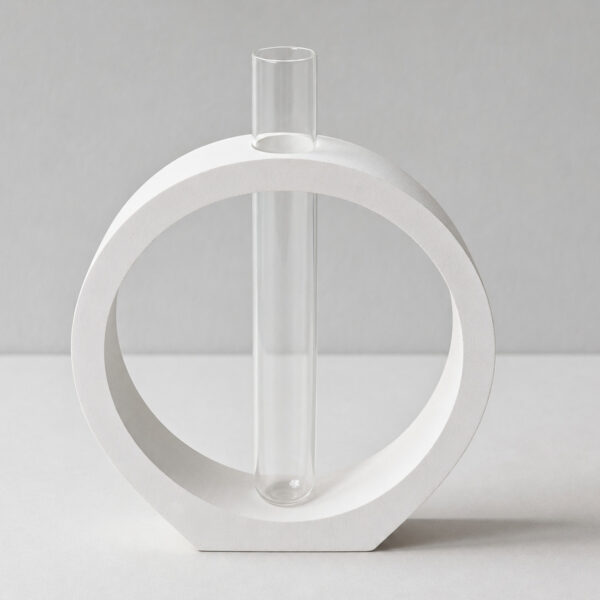 Vaso Solitário Decorativo Anel Branco em Vidro Tubo, vista em perspectiva