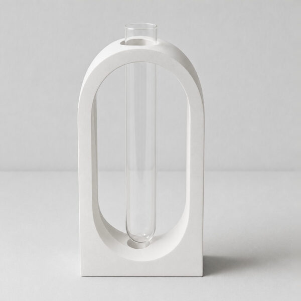 Vaso Decorativo de Cimento Branco Solitário para Janela, vista em perspectiva