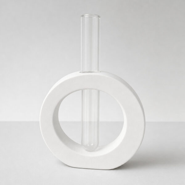 Vaso Solitário Redondo de Cimento Branco com Tubo de Vidro, vista em perspectiva