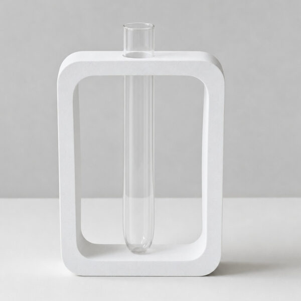 Vaso Solitário Retangular de Cimento Branco Artesanal, vista em perspectiva