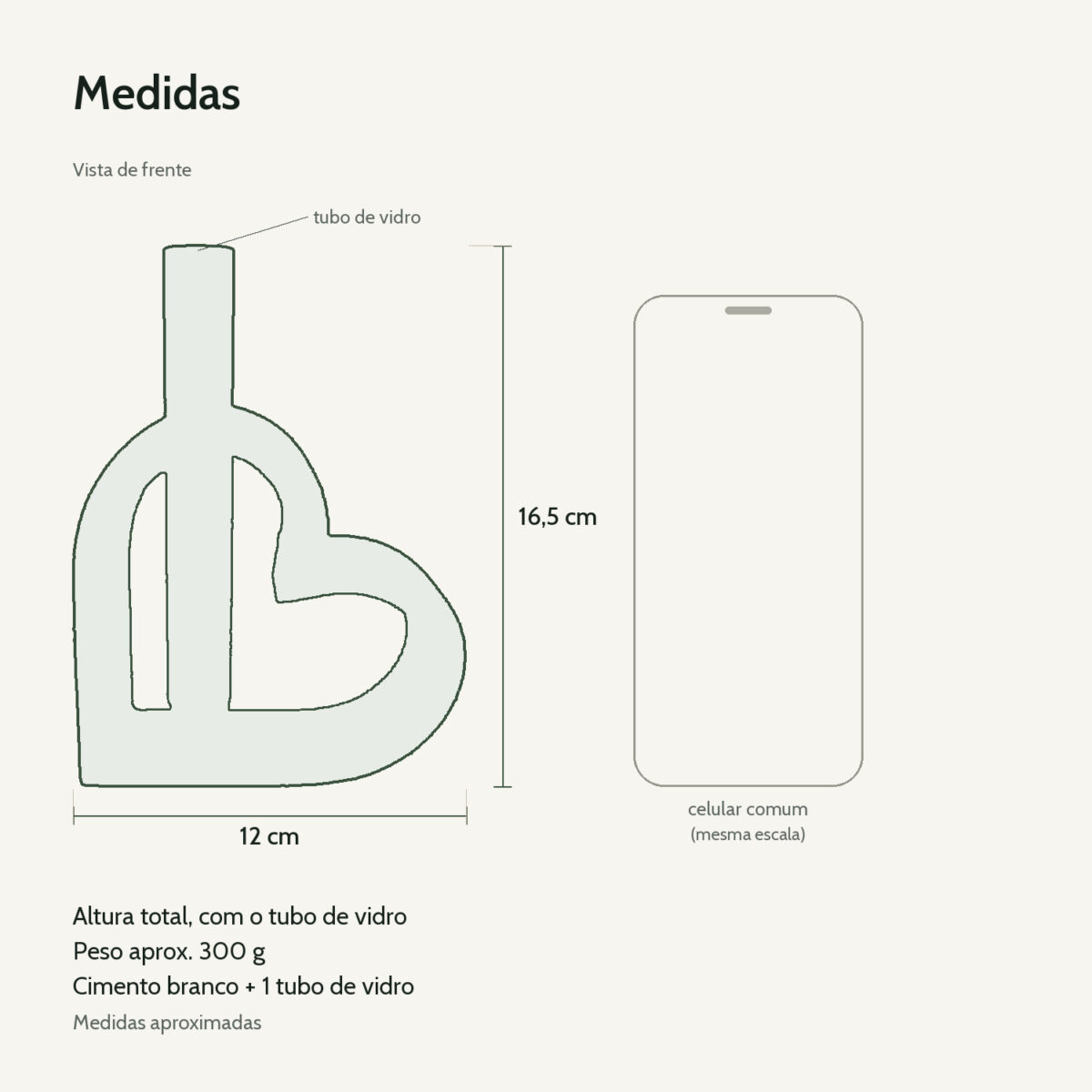 Medidas: Vaso Solitário Hidropônico Coração Vazado em Cimento Branco