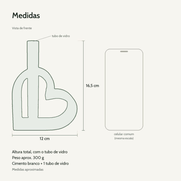 Medidas: Vaso Solitário Hidropônico Coração Vazado em Cimento Branco