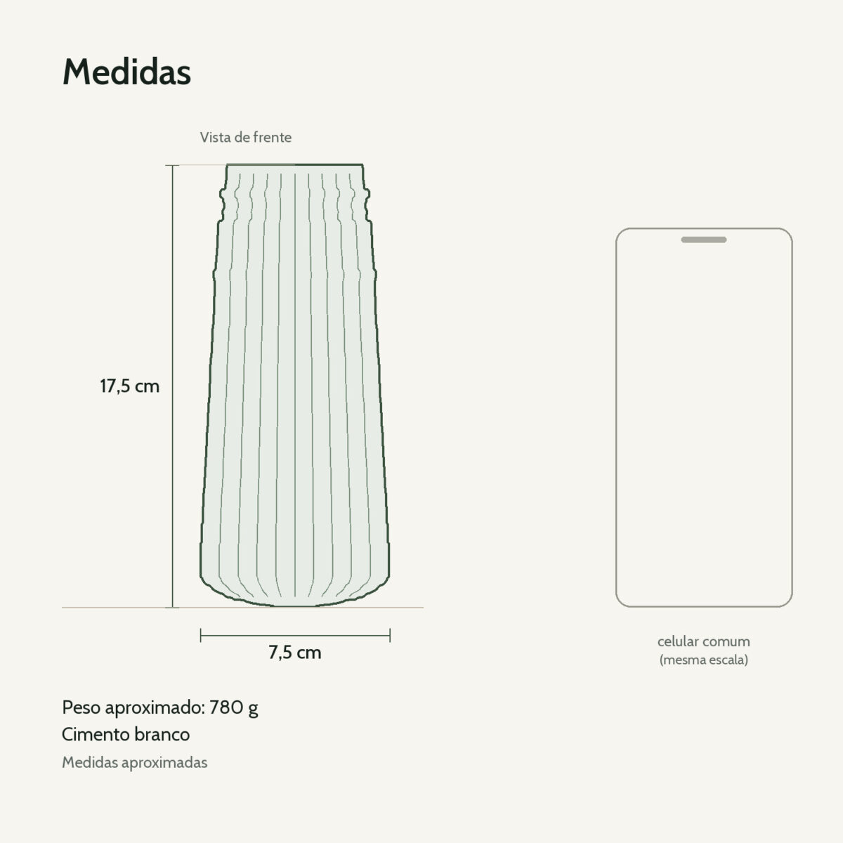 Medidas: Vaso Decorativo de Cimento Branco com Listras Artesanal Solitário