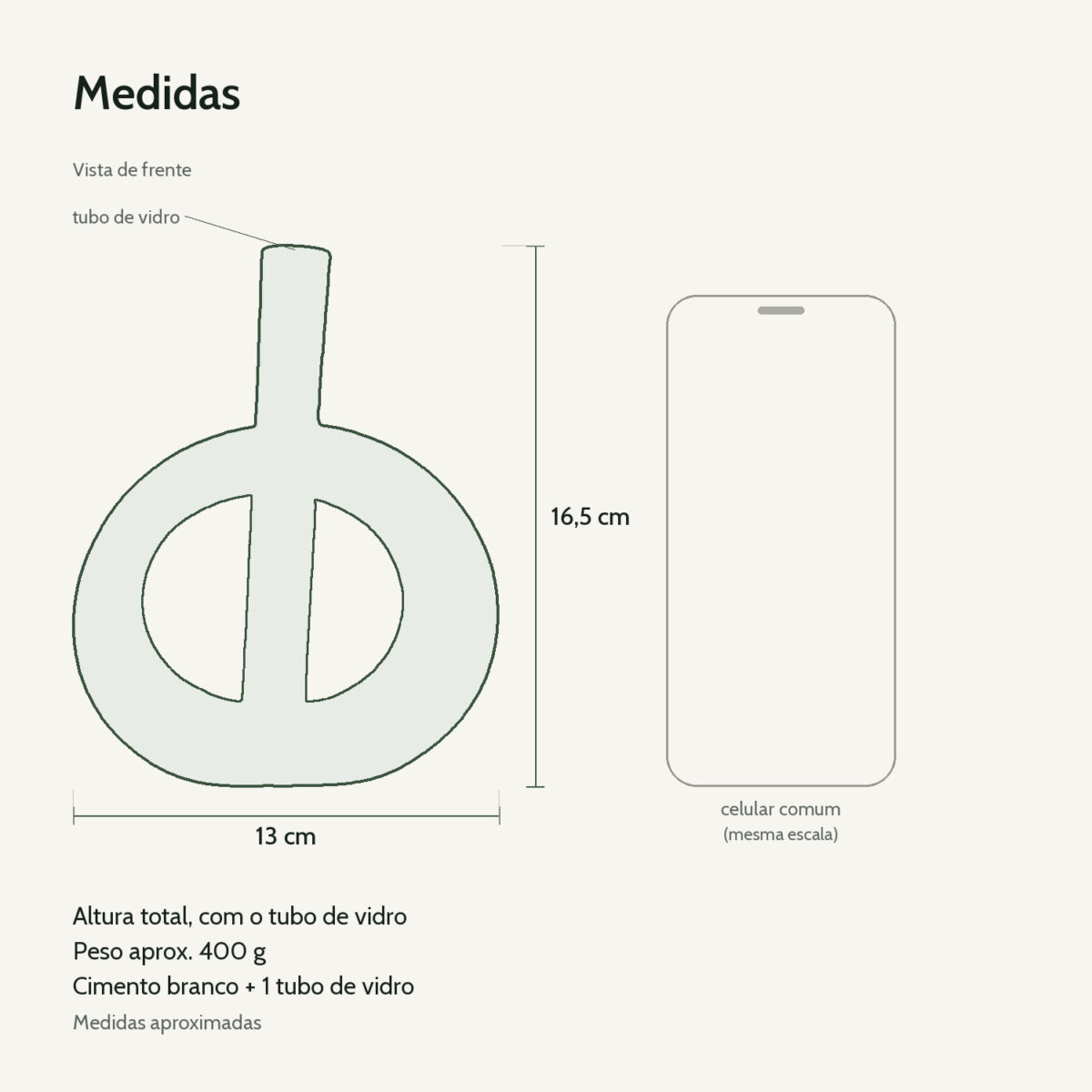 Medidas: Vaso Solitário Redondo de Cimento Branco com Tubo de Vidro