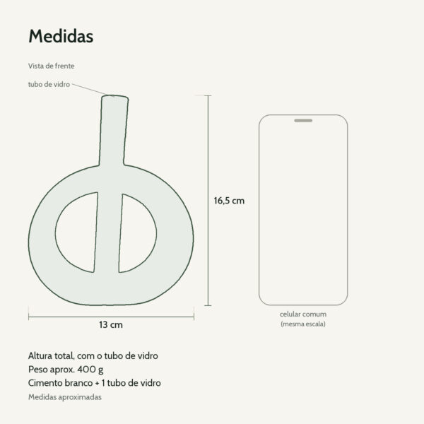 Medidas: Vaso Solitário Redondo de Cimento Branco com Tubo de Vidro