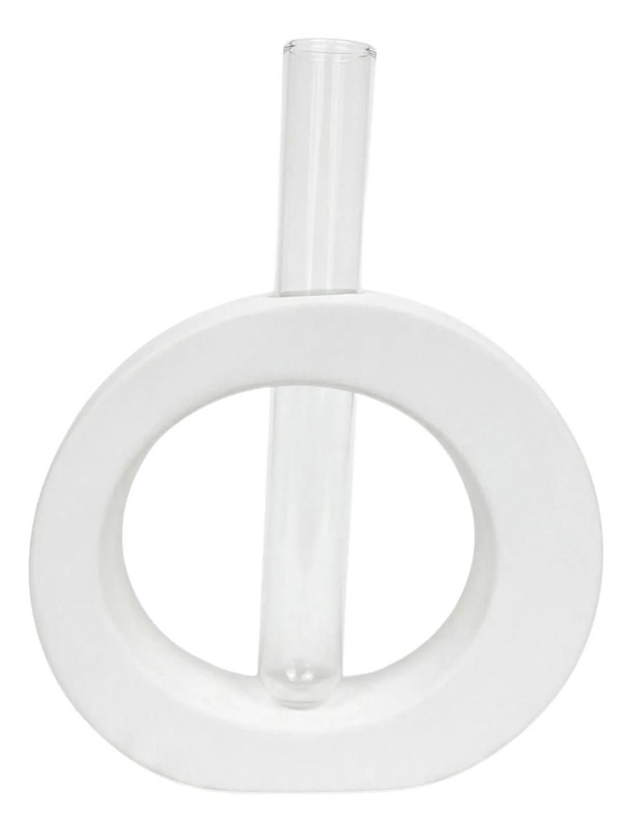 Vaso Solitário Redondo de Cimento Branco com Tubo de Vidro