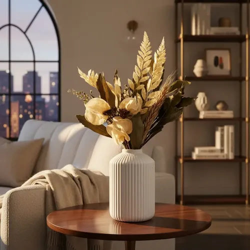 Arranjo de Flores Secas em Vaso Cilíndrico de Cimento