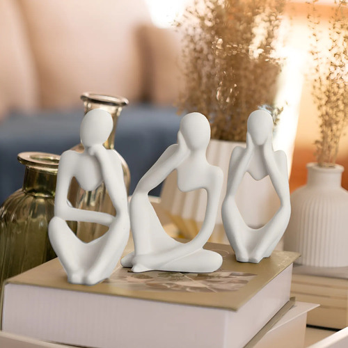 Estatuetas Pensadoras de Cimento Branco — Jogo com 3 Peças