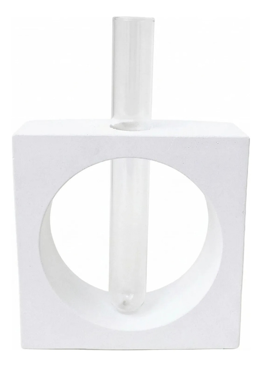 Vaso Cubo Decorativo Branco com Tubo de Vidro Solitário
