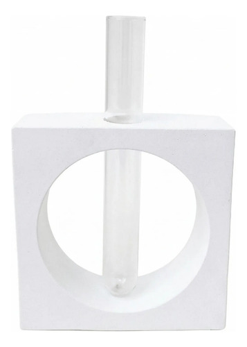 Vaso Cubo Decorativo Branco com Tubo de Vidro Solitário