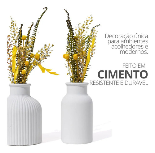 Vaso Decorativo de Cimento com Flor Seca — Conjunto 2 Peças