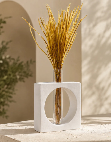 Vaso Cubo Decorativo Branco com Tubo de Vidro Solitário