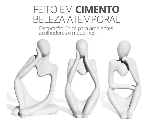 Estatuetas Pensadoras de Cimento Branco — Jogo com 3 Peças