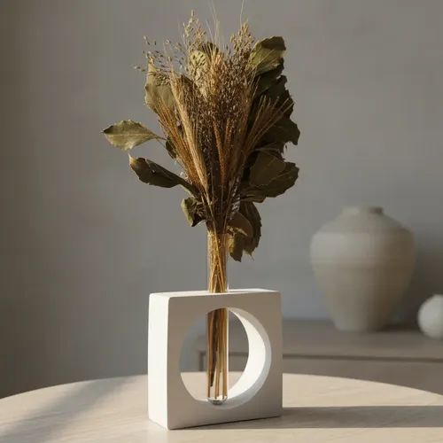 Arranjo de Flores Secas em Vaso Solitário Quadrado de Cimento