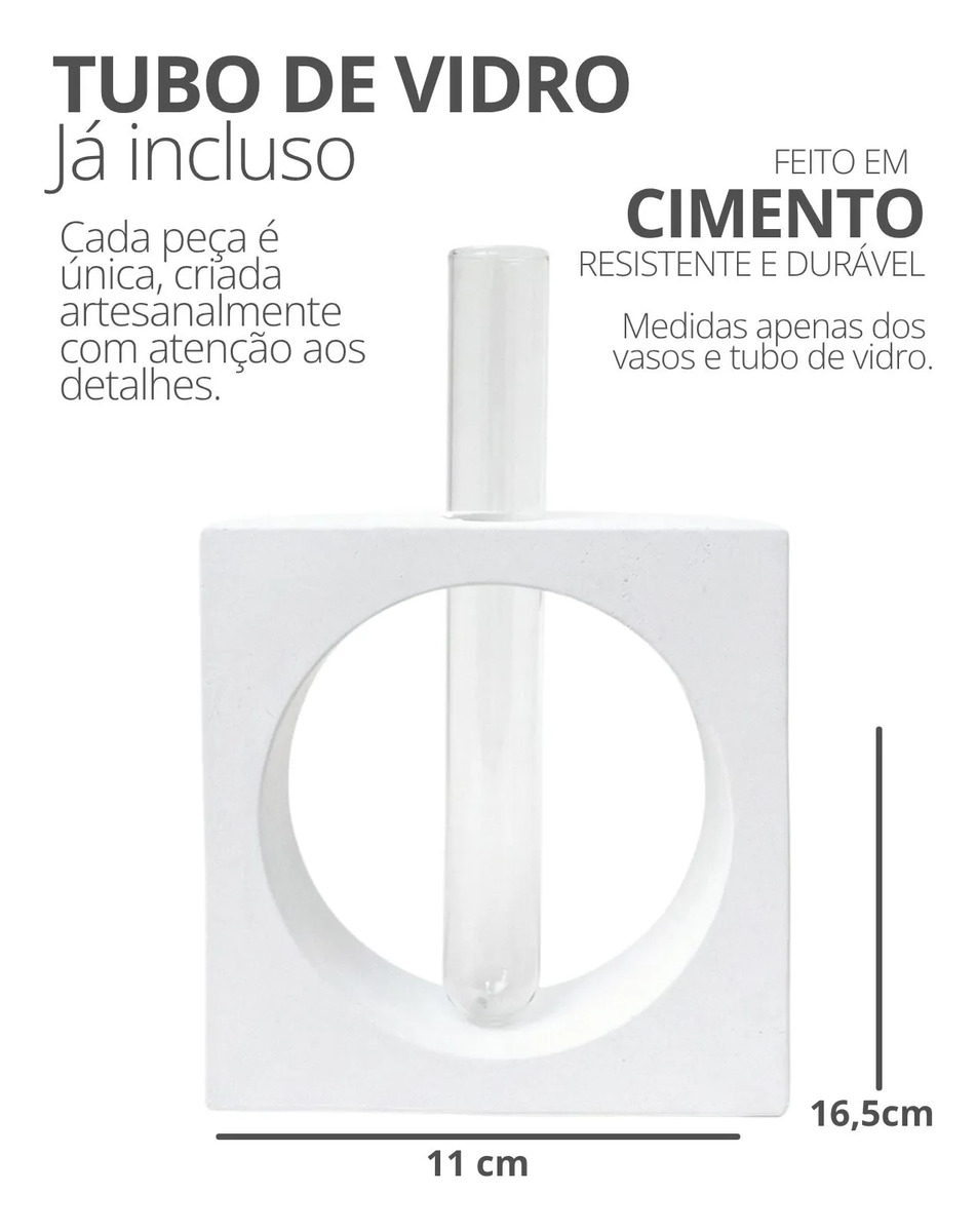 Vaso Cubo Decorativo Branco com Tubo de Vidro Solitário