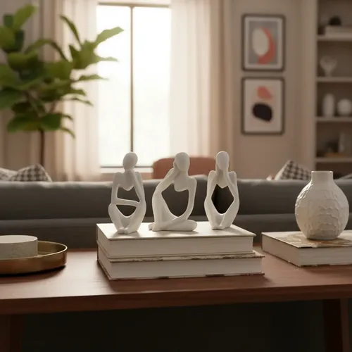 Estatuetas Pensadoras de Cimento Branco — Jogo com 3 Peças