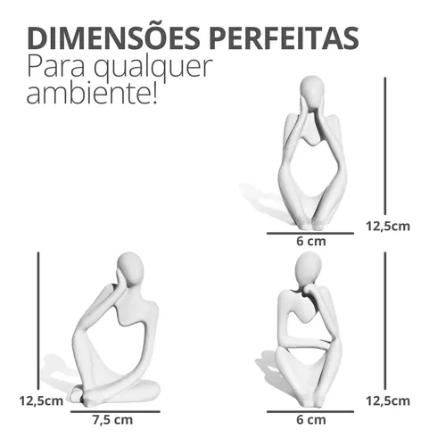 Estatuetas Pensadoras de Cimento Branco — Jogo com 3 Peças