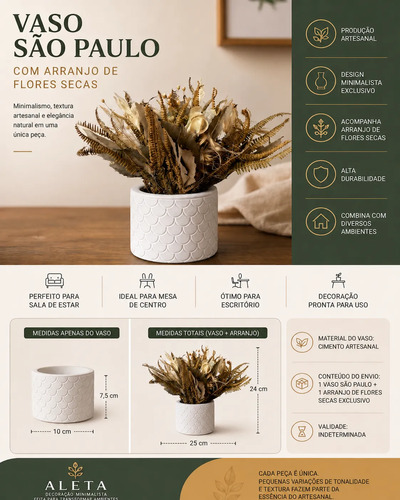Arranjo de Flores Secas em Vaso de Cimento Branco Egípcio