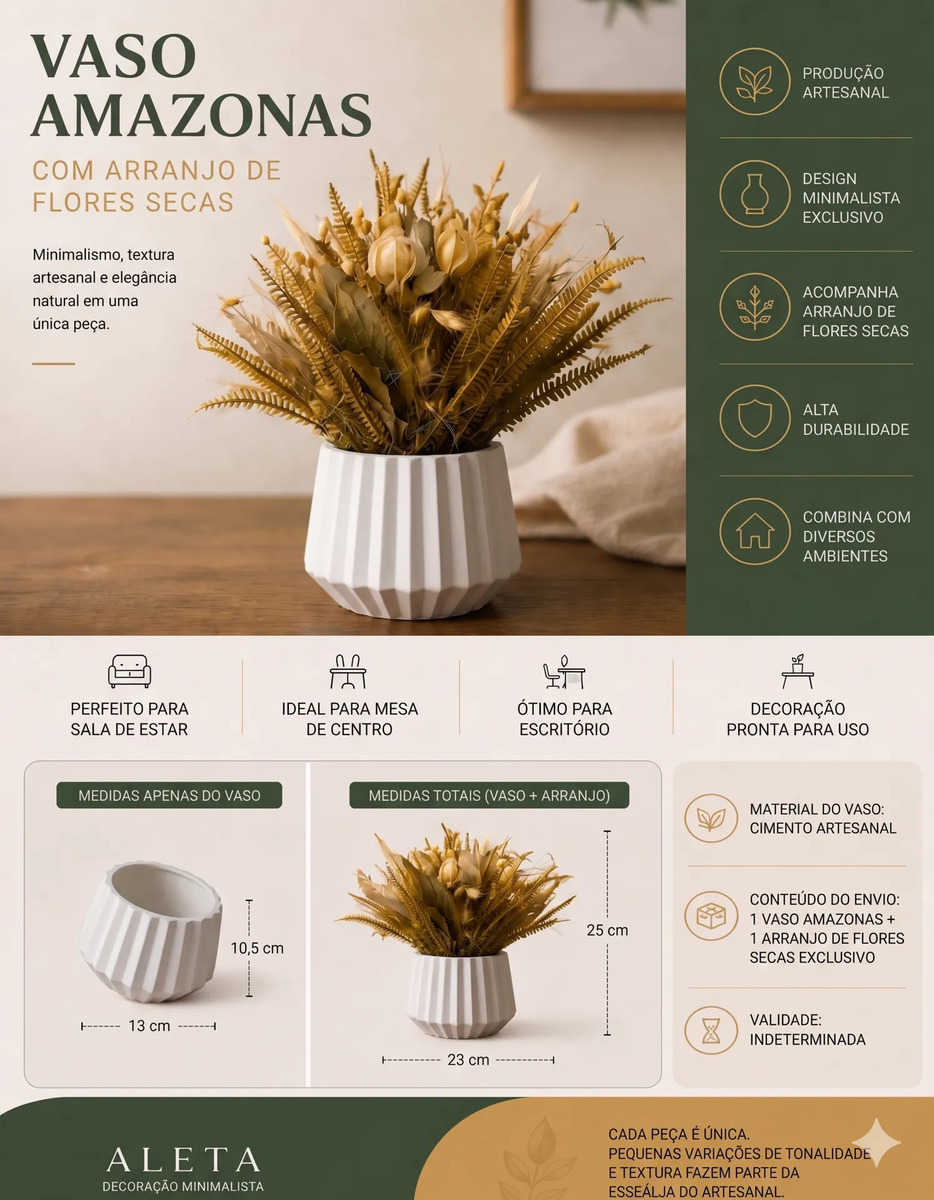 Arranjo de Flores Secas em Vaso de Cimento Diamante Aleta