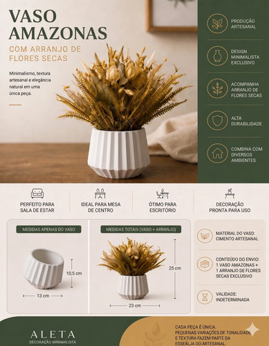 Arranjo de Flores Secas em Vaso de Cimento Diamante Aleta