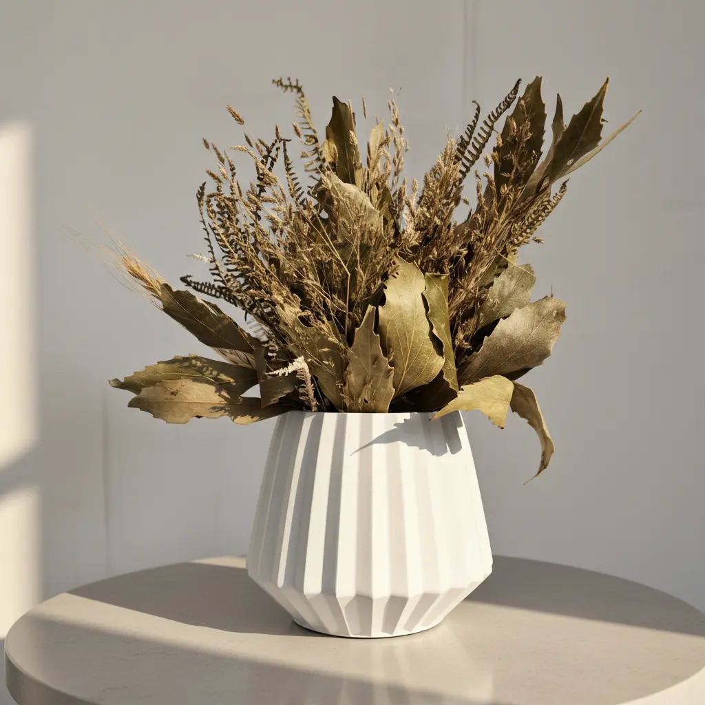 Arranjo de Flores Secas em Vaso de Cimento Diamante Aleta