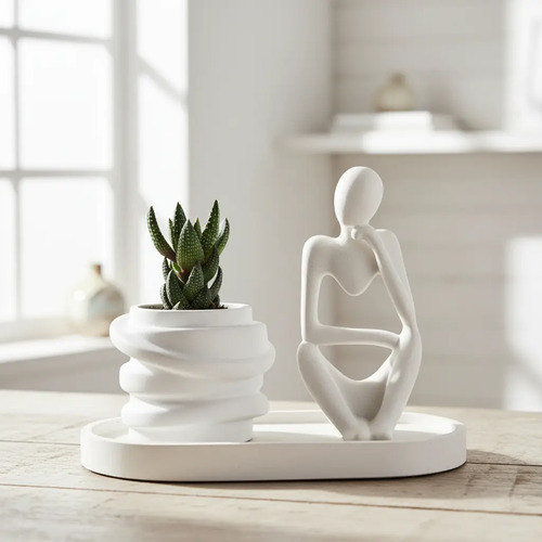D_877208-MLB101419494816_122025-O.jpg Conjunto Decorativo Pensadora com Vaso e Bandeja em Cimento Branco