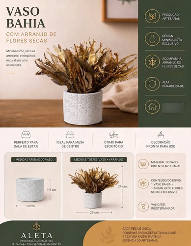 Arranjo de Flores Secas em Vaso de Cimento — Decoração Boho
