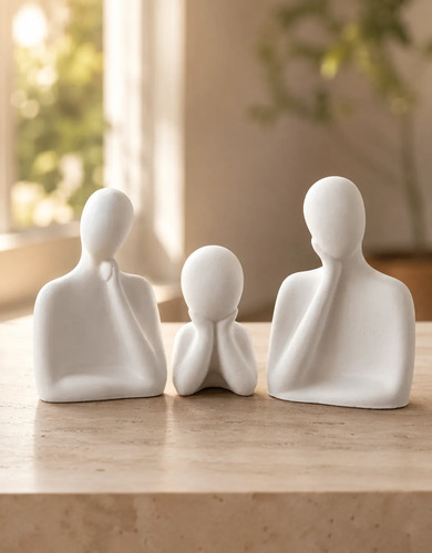 Estatuetas Decorativas Família em Cimento Branco — Jogo com 3 Peças