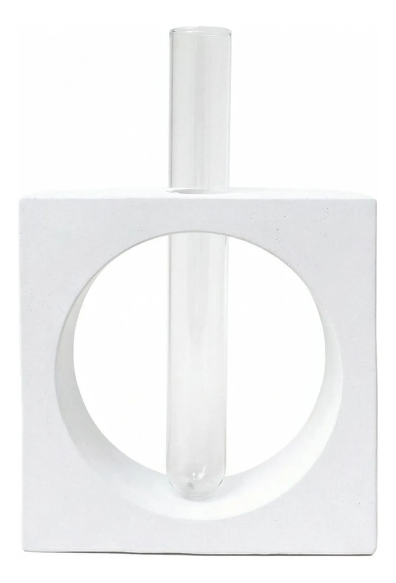 Vaso Cubo Decorativo Branco com Tubo de Vidro Solitário