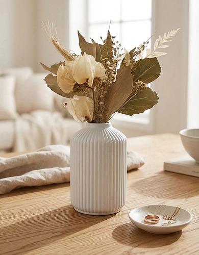 Arranjo de Flores Secas em Vaso Cilíndrico de Cimento