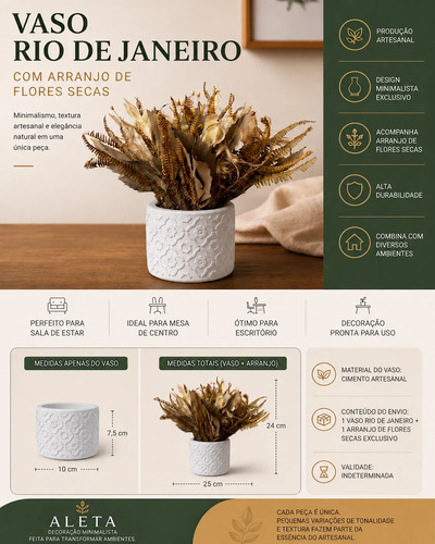 Arranjo de Flores Secas em Vaso de Cimento | Aleta Decoração