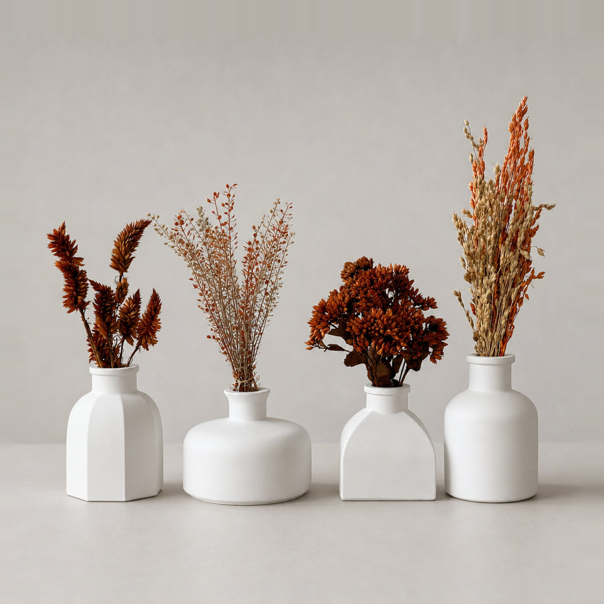 Conjunto Essenza 4 Peças: Vasos com Arranjos de Flores Secas, foto de estúdio
