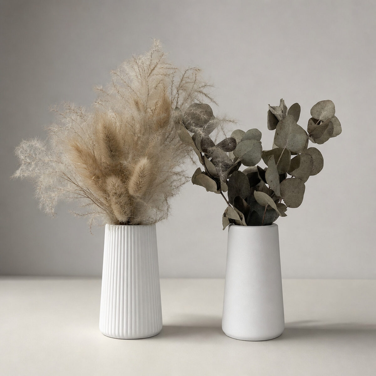 Par de Arranjos de Flores Secas com Vasos Cone Clássico e Listras 28cm, flores Eucalipto e Plumas, vista de frente