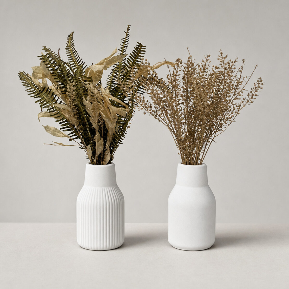 Par de Arranjos de Flores Secas com Vasos Retrô Clássico e Listras 28cm, flores Samambaia e Sementinhas, vista de frente
