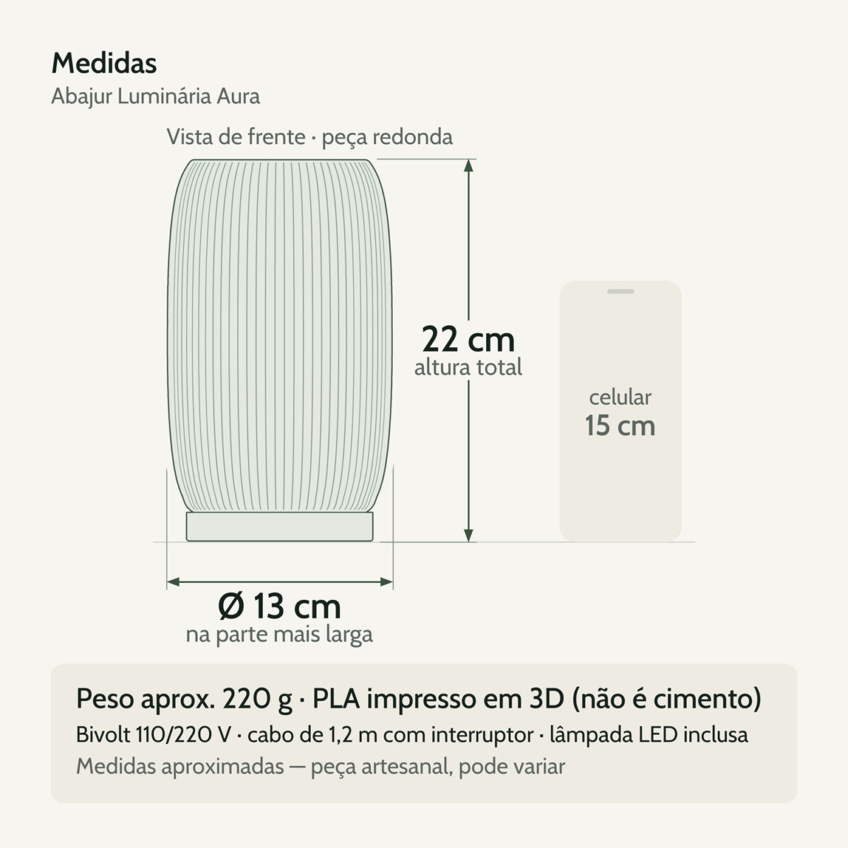 Medidas — Abajur Luminária Aura 110V/220V Branco Lâmpada LED Inclusa