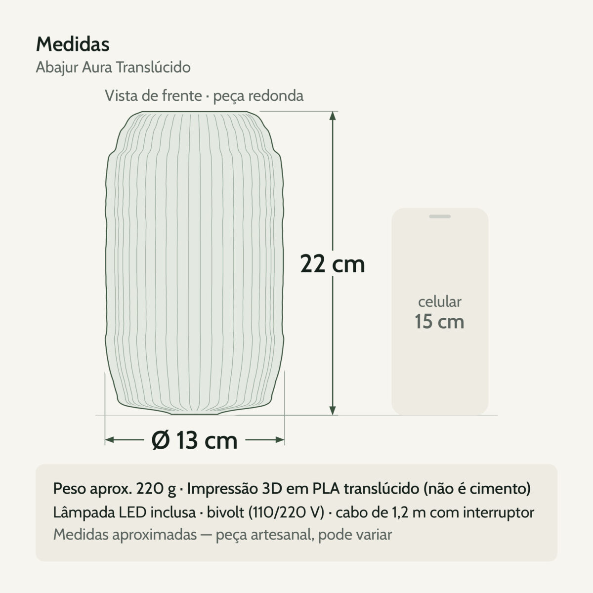 Medidas — Abajur Aura Translúcido com Lâmpada LED Inclusa