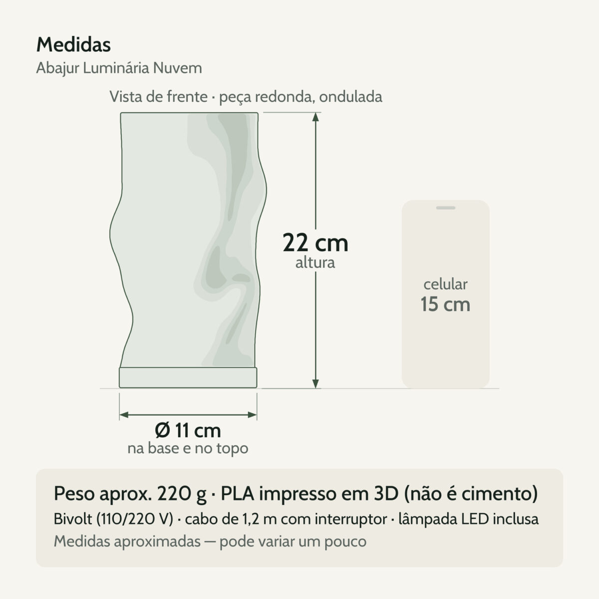 Medidas — Abajur Luminária Nuvem 110V/220V Branco Lâmpada LED Inclusa