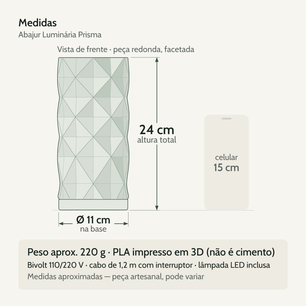 Medidas — Abajur Luminária Prisma 110V/220V Branco Lâmpada LED Inclusa Medidas — Abajur Luminária Prisma 110V/220V Branco Lâmpada LED Inclusa