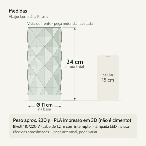Medidas — Abajur Luminária Prisma 110V/220V Branco Lâmpada LED Inclusa
