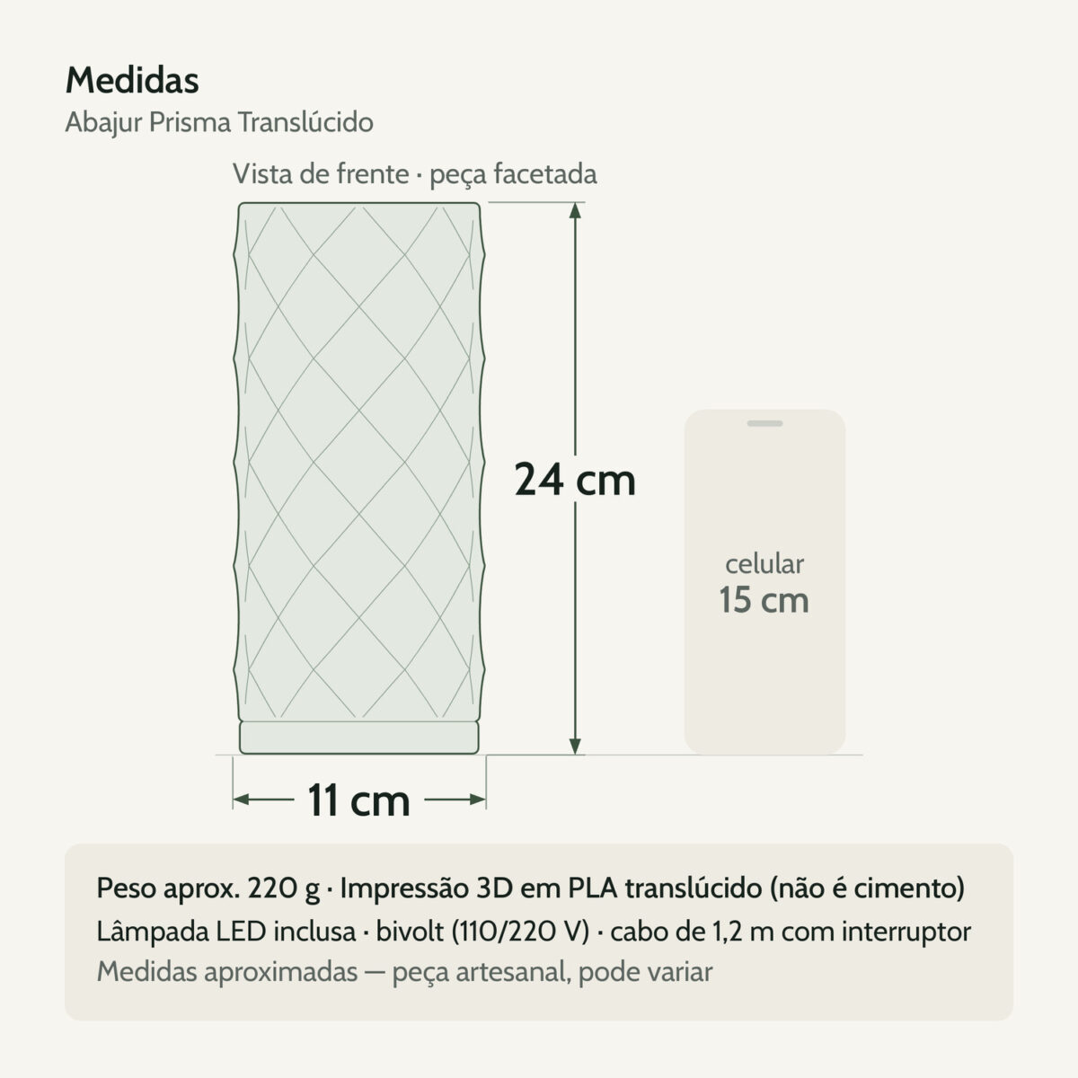 Medidas — Abajur Prisma Translúcido com Lâmpada LED Inclusa
