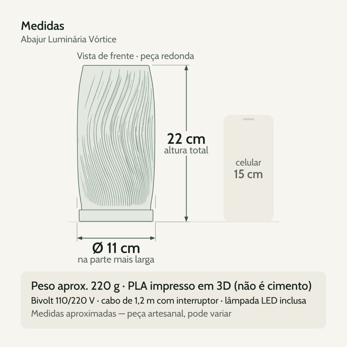 Medidas — Abajur Luminária Vórtice 110/220V Branco Lâmpada LED Inclusa