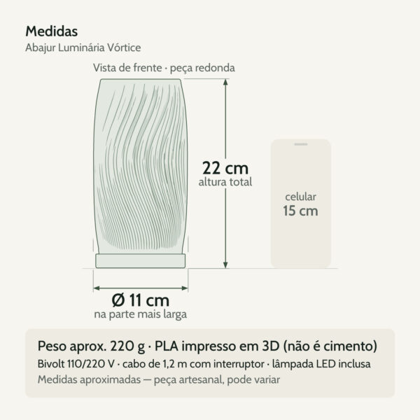 Medidas — Abajur Luminária Vórtice 110/220V Branco Lâmpada LED Inclusa
