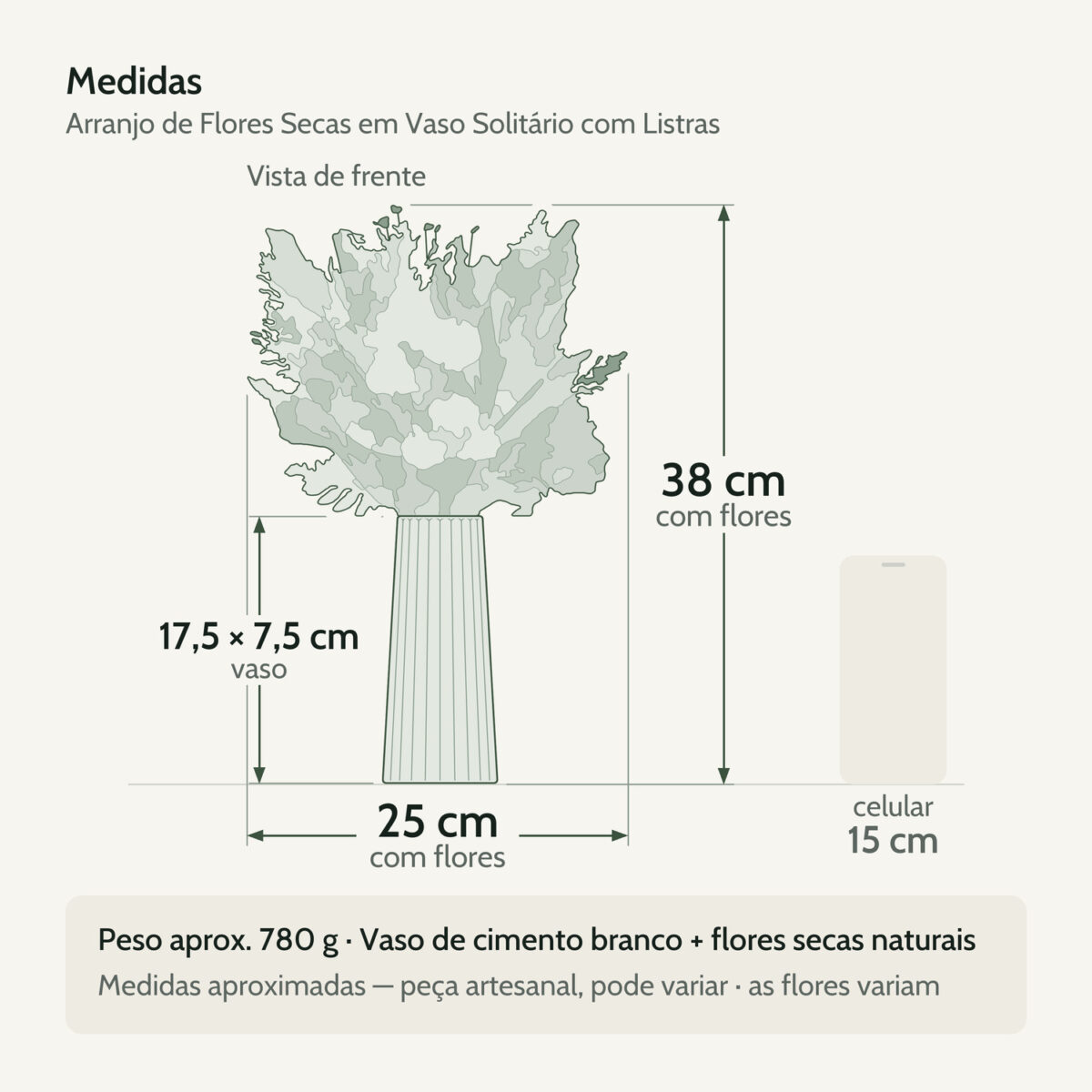 Medidas — Arranjo de Flores Secas em Vaso Solitário Grande de Cimento com Listras