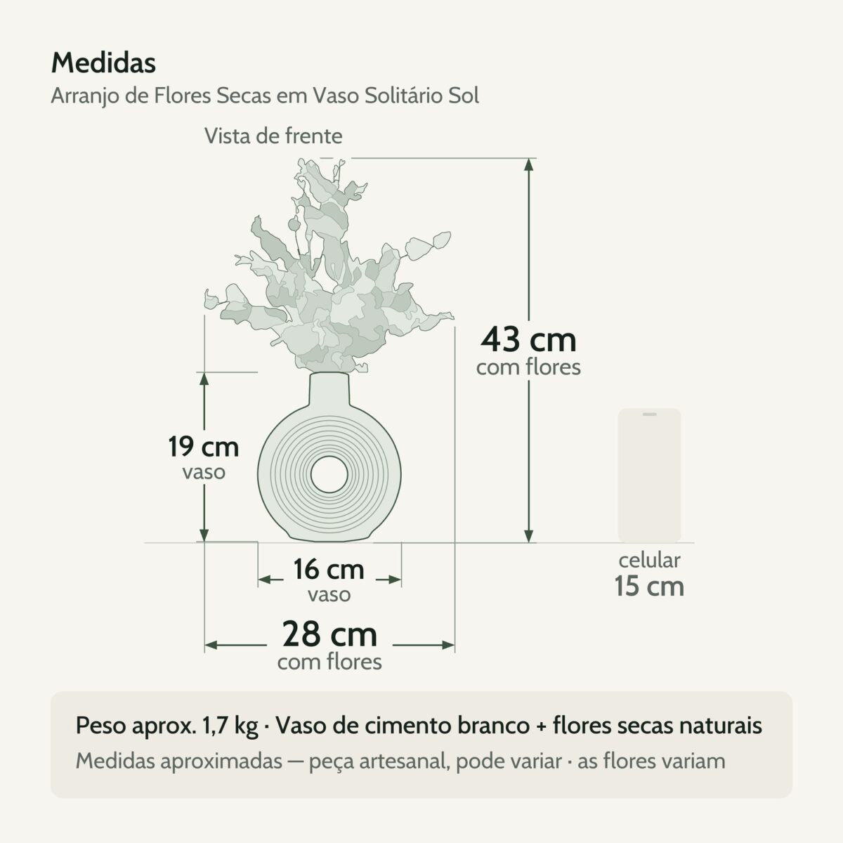 Medidas — Arranjo de Flores Secas em Vaso de Cimento Solitário Sol