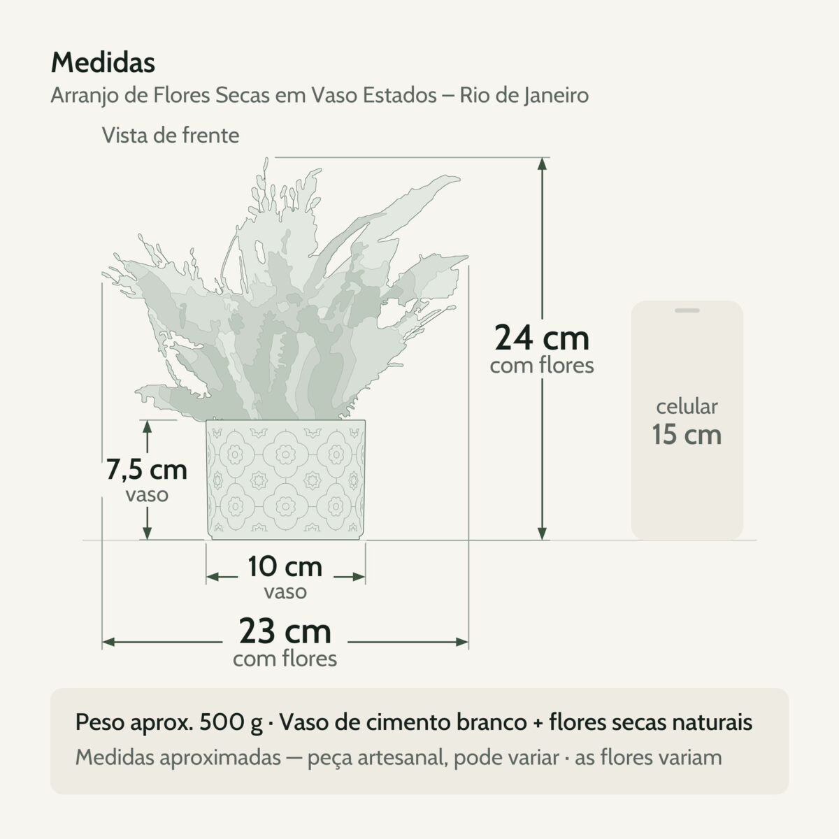 Medidas — Arranjo de Flores Secas em Vaso Estados de Cimento Branco