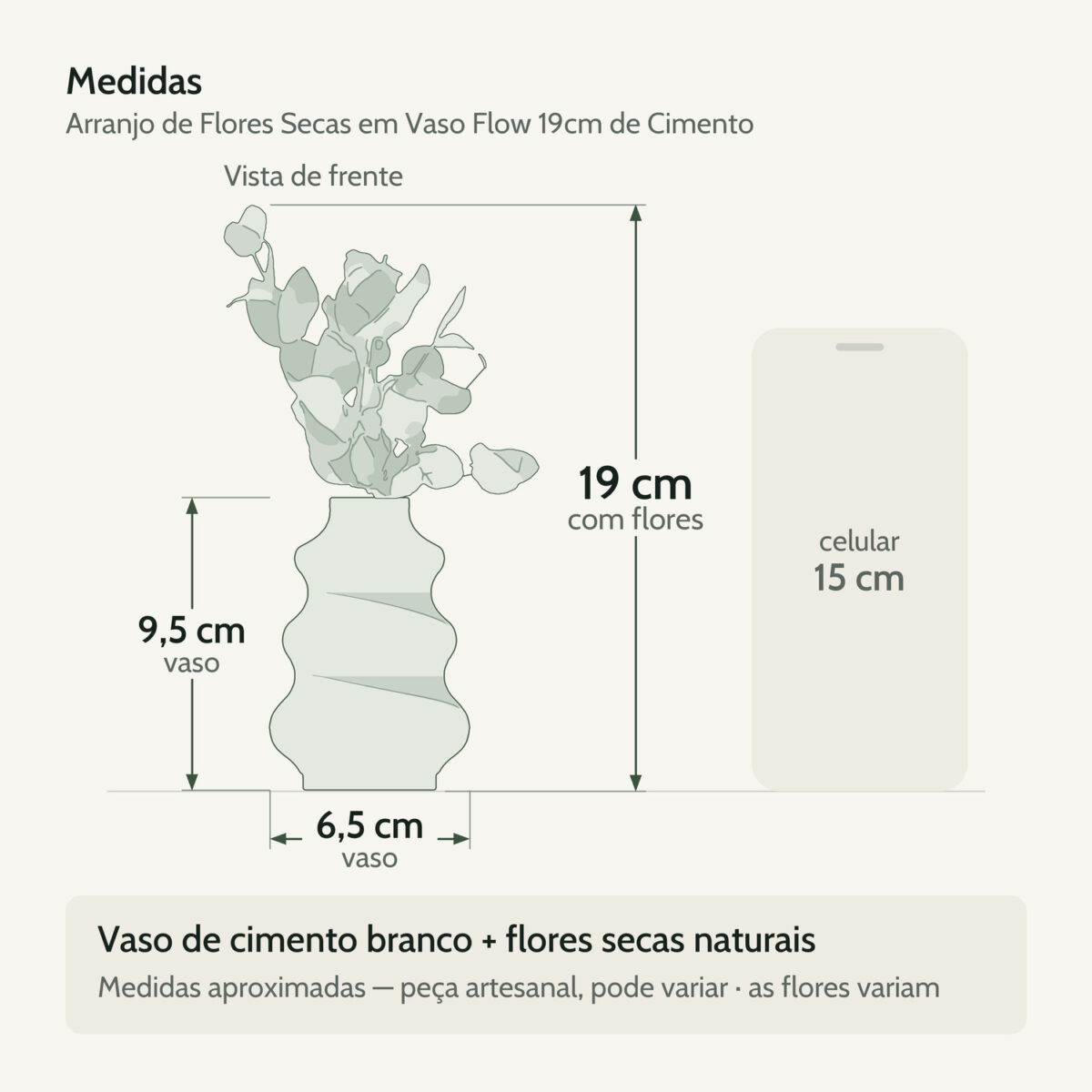 Medidas — Arranjo de Flores Secas em Vaso Flow 19cm de Cimento