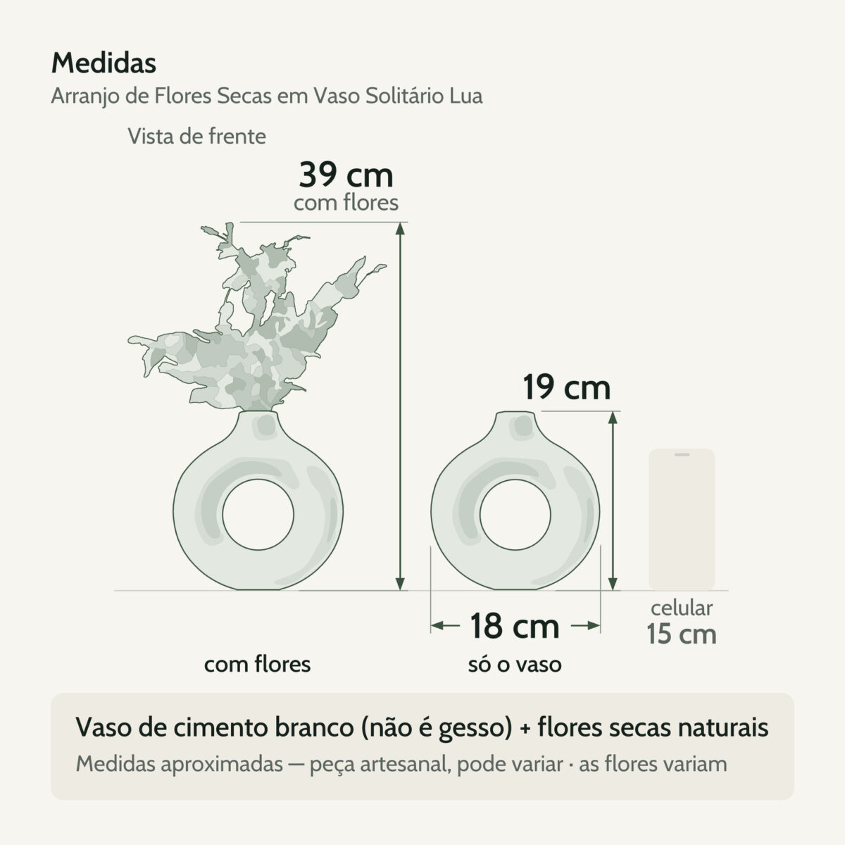 Medidas — Arranjo de Flores Secas em Vaso de Cimento Solitário Lua